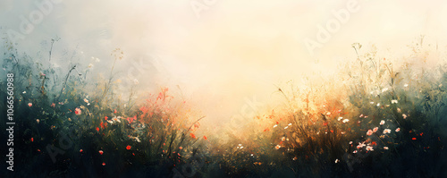 A Summery Oil Painting Depicting a Field of Wildflowers and Grass with a Soft, Golden Light Shining Through
