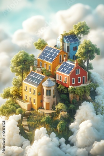 Minimalist 3D Eco-Friendly Real Estate Scene with Solar Panels and Green Trees in Pastel Setting