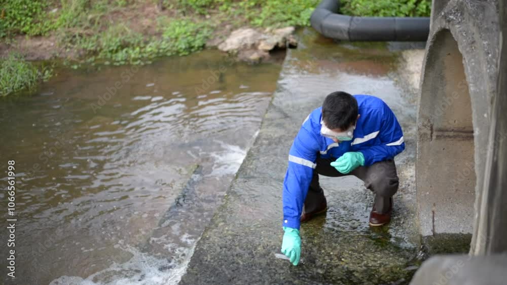 Water resources engineers check the purity of water flowing through pipes from natural water sources, environmentalist inspect the water resource. Water resources engineers check the purity of water flowing through pipes from natural water sources, environmentalist inspect the water resource.