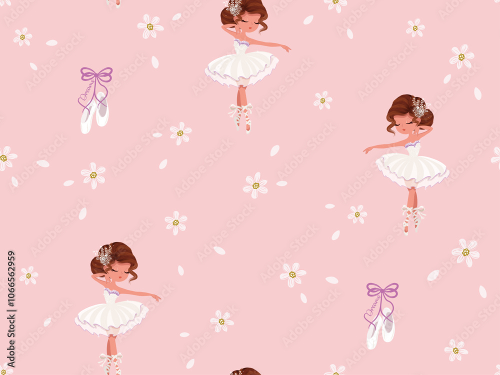 Pattern designed with sweet ballerina and flowers, vector pattern, ballerina pattern design for girls.