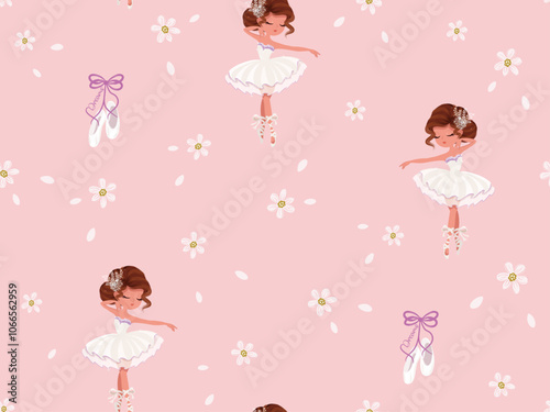 Pattern designed with sweet ballerina and flowers, vector pattern, ballerina pattern design for girls.