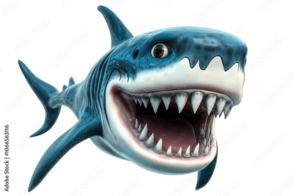 A cartoon shark with sharp teeth and a wide open mouth, isolated on transparent or white background
