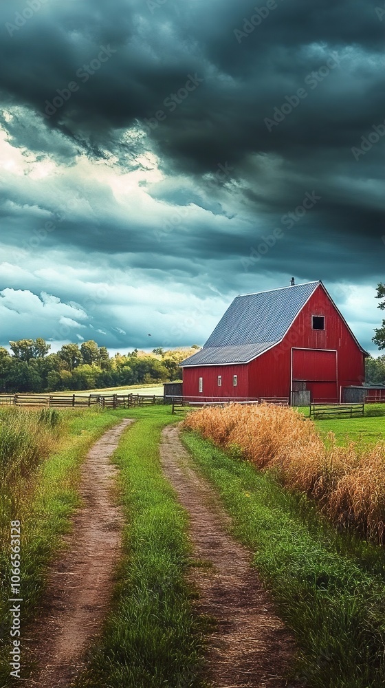 Red Barn in a Green Field with a Cloudy Sky Red Barn in a Green Field with a Cloudy Sky