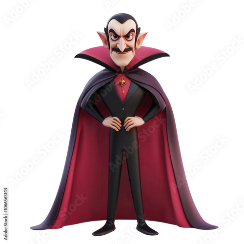 A cartoon vampire stands with his hands on his hips, wearing a black suit and a red cape, isolated on transparent or white background