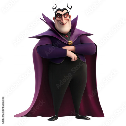 A cartoon villain with a sly smile, wearing a purple cape and a horned hat, isolated on transparent or white background photo