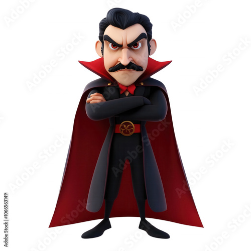 A cartoon vampire with a menacing expression, arms crossed, isolated on transparent or white background