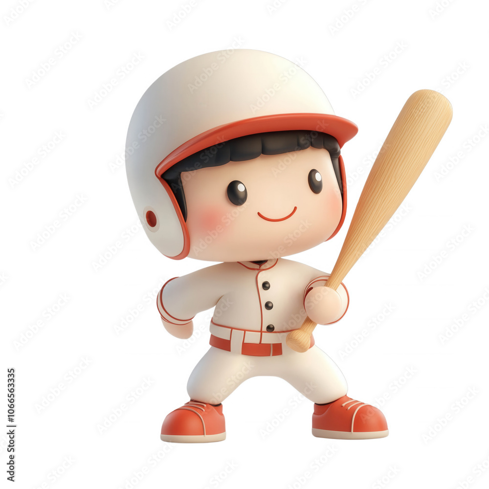 A cute cartoon baseball player in a white uniform and red hat holds a bat with a big smile, isolated on transparent or white background A cute cartoon baseball player in a white uniform and red hat holds a bat with a big smile, isolated on transparent or white background