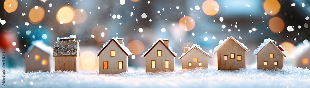 Miniature Wooden Houses with Lights in a Snowy Setting Miniature Wooden Houses with Lights in a Snowy Setting