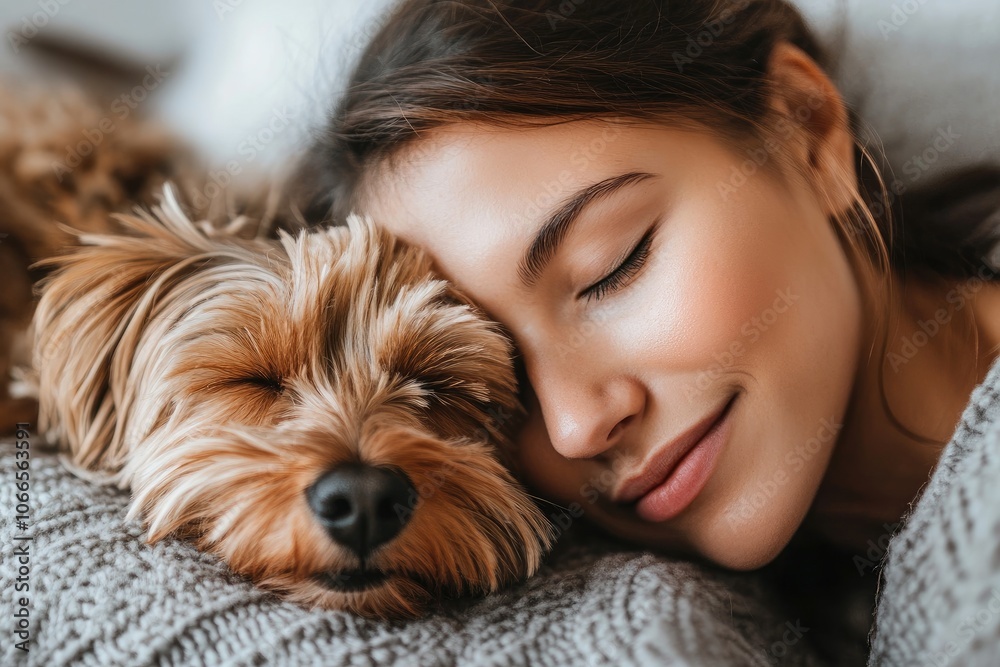 Yorkshire terrier sleeping with its owner on a grey blanket Yorkshire terrier sleeping with its owner on a grey blanket