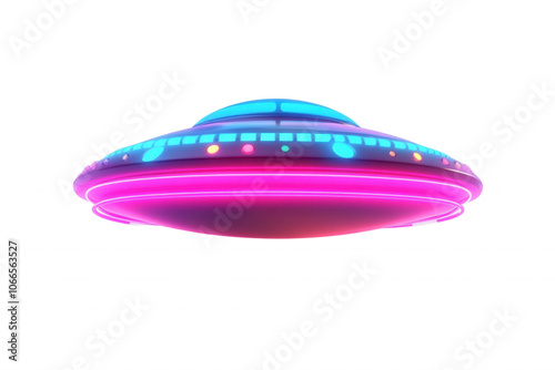 A futuristic, pixelated UFO with vibrant pink and blue lights, isolated on transparent or white background