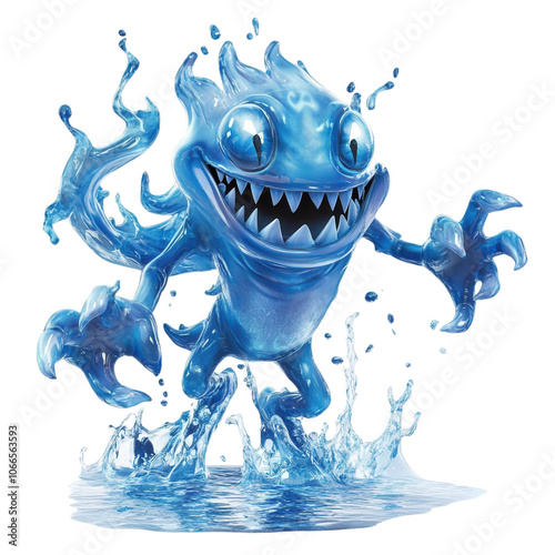 A mischievous, blue, water-based creature with a toothy grin, fantasy creature, isolated on transparent or white background photo