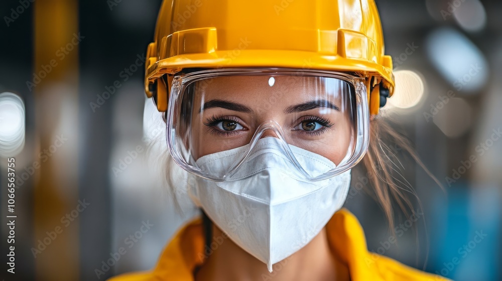 A woman in a hard hat and protective gear has a focused expression, emphasizing safety and professionalism in an industrial environment. A woman in a hard hat and protective gear has a focused expression, emphasizing safety and professionalism in an industrial environment.