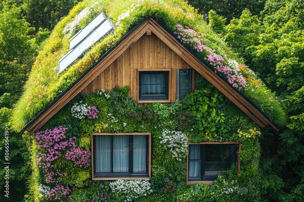 Modern eco-friendly house covered in lush green plants and flowers with solar panels Modern eco-friendly house covered in lush green plants and flowers with solar panels