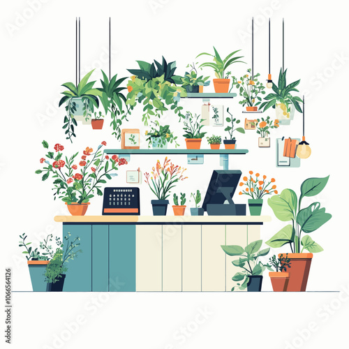 Flower shop interior with plants. Vector illustration in flat style. 