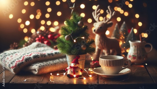 Little Christmas tree, Christmas lights bokeh, wooden table with sweater on a background and decorations. Winter mood, holiday decoration, magic Christmas. Merry Christmas Festive Celebration.