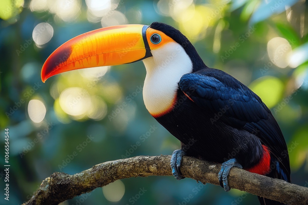 Red-breasted toucan perched on a branch in lush green tropical rainforest Red-breasted toucan perched on a branch in lush green tropical rainforest