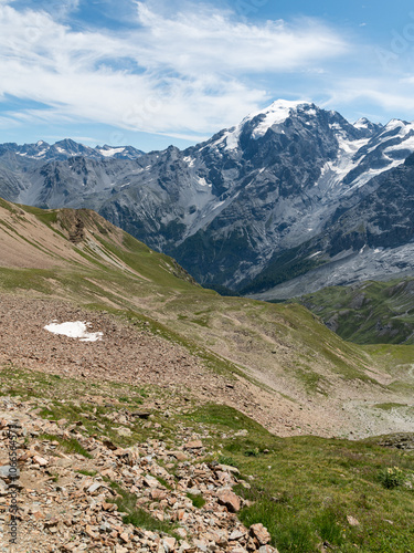 Panorama of the Ortler Alps near Stelvo Pass on a sunny day in summer