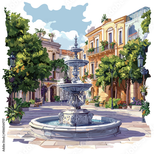 Fountain in the center of the city. Vector Illustration. 