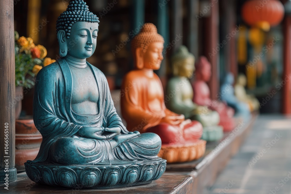 Row of colorful buddha statues meditating in temple