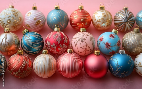 Colorful Ornaments Grouped on Pink Background 