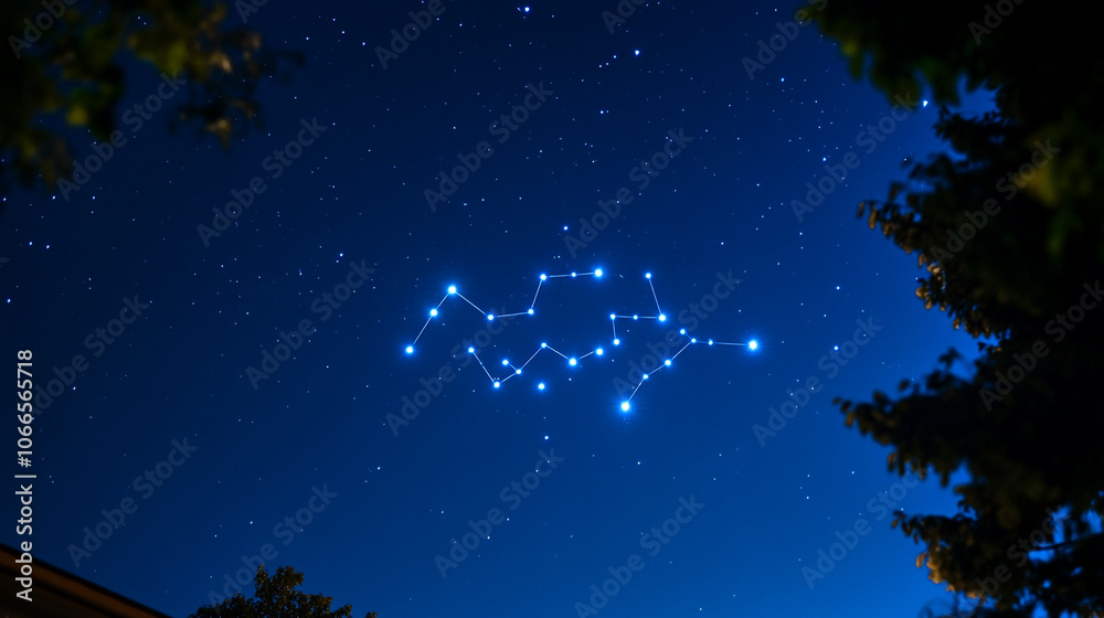 Starry night sky showcasing prominent constellations above a quiet landscape Starry night sky showcasing prominent constellations above a quiet landscape