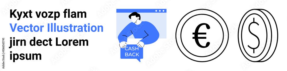 Cashback concept with a person holding a sign, Euro and Dollar coin symbols. Ideal for financial services, e-commerce, transactions, savings, rewards programs, marketing materials, infographics Cashback concept with a person holding a sign, Euro and Dollar coin symbols. Ideal for financial services, e-commerce, transactions, savings, rewards programs, marketing materials, infographics
