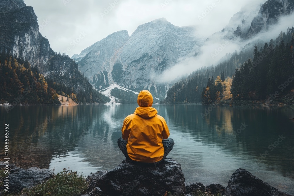 Hiker meditating by a lake in the italian dolomites contemplating dramatic mountain peaks Hiker meditating by a lake in the italian dolomites contemplating dramatic mountain peaks