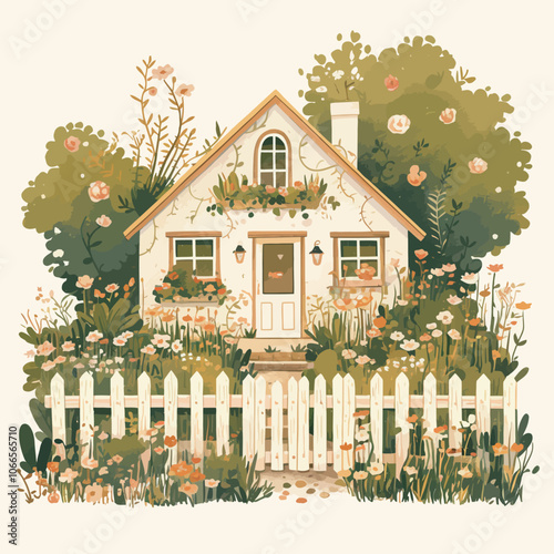 Garden house with white picket fence and flowers. Vector illustration. 