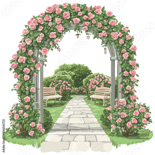Garden arch with roses and bench on a white background. Vector illustration. 