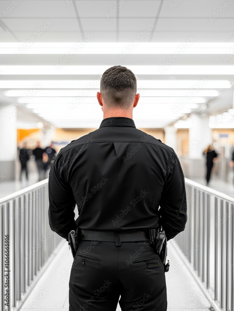© ParinApril - A security officer standing in a modern facility, observing the environment around him. © ParinApril - A security officer standing in a modern facility, observing the environment around him.