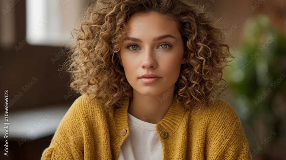 A stunningly vibrant portrait of model with curly hair, gazing directly at the viewer. They have light gray eyes and a neutral expression, hair is voluminous wearing a mustard yellow knitted cardigan A stunningly vibrant portrait of model with curly hair, gazing directly at the viewer. They have light gray eyes and a neutral expression, hair is voluminous wearing a mustard yellow knitted cardigan