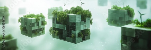 Minimalistic Floating Eco Towers with Green Rooftops and Wind Turbines, Symbolizing Eco-Friendly Real Estate Concepts