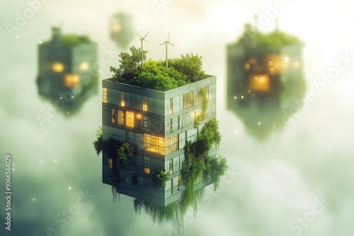 Minimalistic Floating Eco Towers with Green Rooftops and Wind Turbines, Symbolizing Eco-Friendly Real Estate Concepts