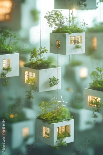 Minimalistic Floating Eco Towers with Green Rooftops and Wind Turbines, Symbolizing Eco-Friendly Real Estate Concepts