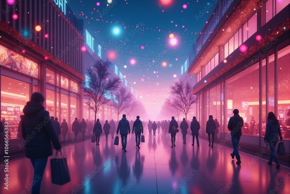 Nighttime City Street with Silhouettes of People Walking  Neon Lights  and Festive Decorat