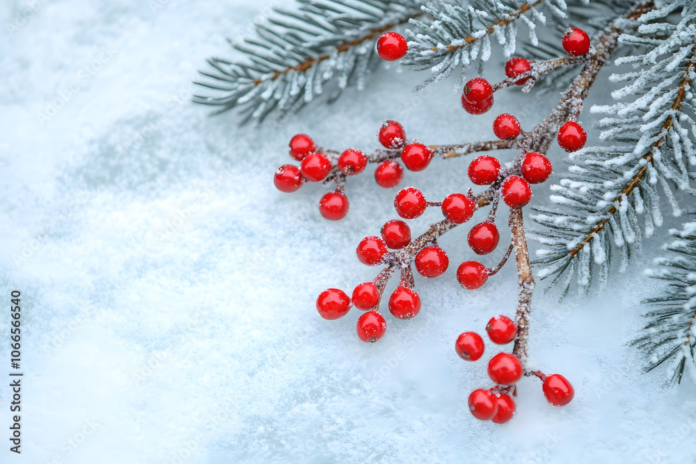 Christmas tree branches and red berries with copy space Christmas tree branches and red berries with copy space