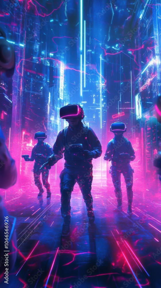 A virtual reality gaming center with players immersed in a fully interactive environment wearing VR headsets