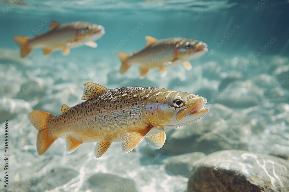 Brown trout swimming in clear water with rocks Brown trout swimming in clear water with rocks