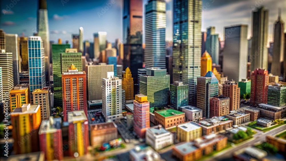 Naklejka premium Abstract Cityscape in Vibrant Hues with Tilt-Shift Photography Effects, Colorful Skyscrapers, Dreamy Urban Landscape, Miniature City, Modern Architecture, Artistic Perspective