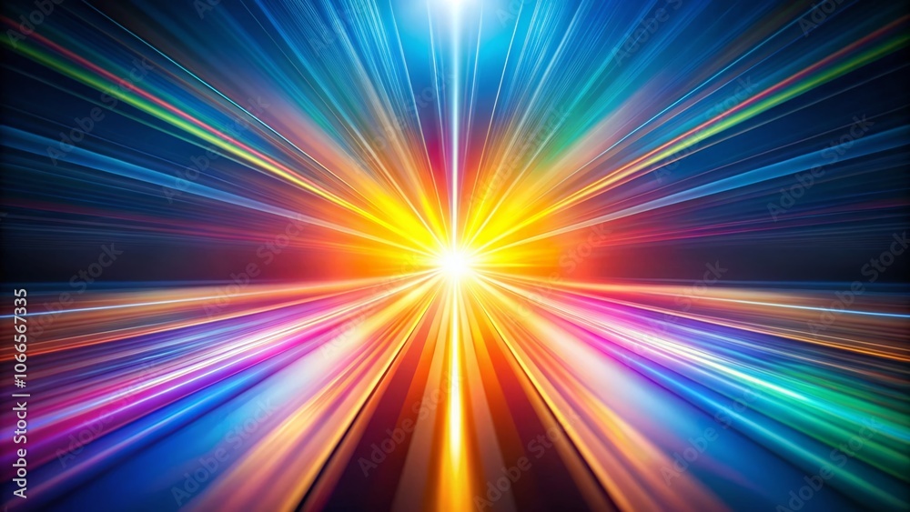 Obraz premium Abstract Composition of Colorful Light Rays Converging Towards a Bright Point on a Smooth Surface in Low Light Photography