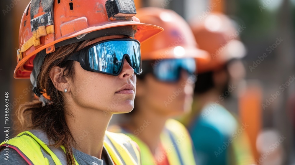 A focused female construction worker wears protective gear, including a hard hat and sunglasses, alongside colleagues in a construction setting. A focused female construction worker wears protective gear, including a hard hat and sunglasses, alongside colleagues in a construction setting.