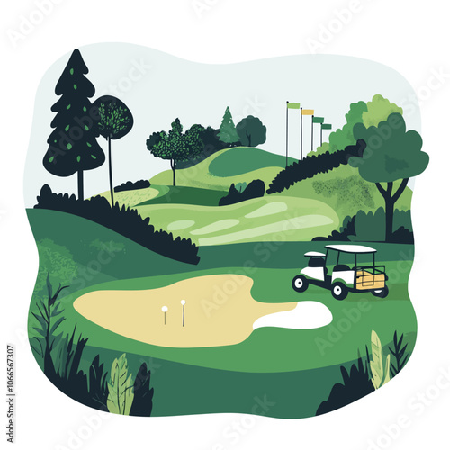 Golf course with golf cart. Vector illustration in flat style.