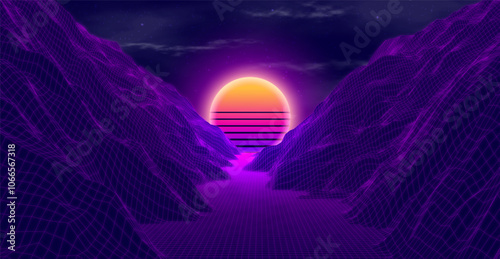 Futuristic landscape with mountains and sunset. 80s retro neon concept. Vector illustration.