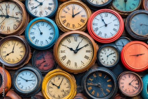 Many colorful vintage clocks showing different times hanging on wall