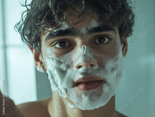 Young man with shaving foam on his face looks directly at the camera with a slightly surprised expression. A soft light emphasizes his features and smooth skin.