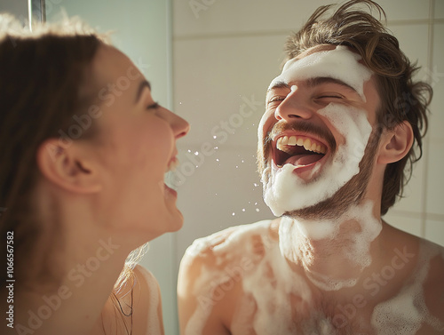 Joyful couple in the shower with shaving foam, smiling and laughing, sharing a playful moment together. Water splashes create a lively, fun atmosphere.