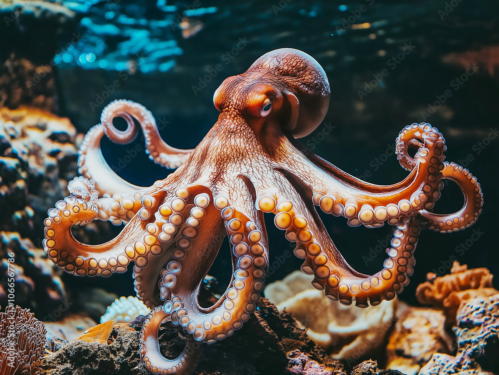 A close-up shot of an octopus in an aquarium, displaying intricate details of its tentacles and texture. The image emphasizes the complexity of marine life. A close-up shot of an octopus in an aquarium, displaying intricate details of its tentacles and texture. The image emphasizes the complexity of marine life.