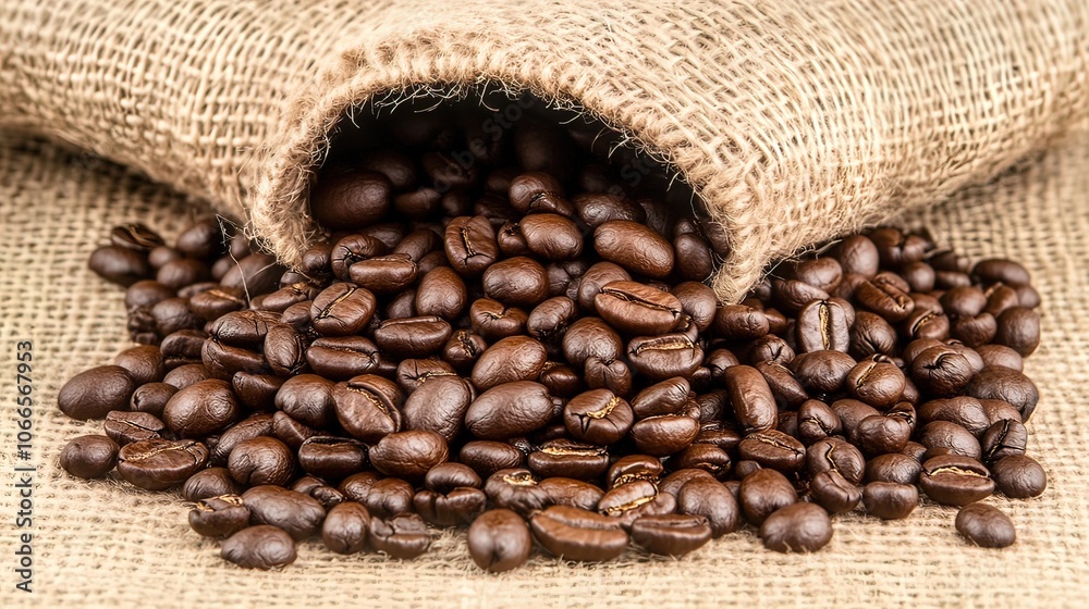 Close-up of roasted coffee beans spilling from a burlap sack. Close-up of roasted coffee beans spilling from a burlap sack.