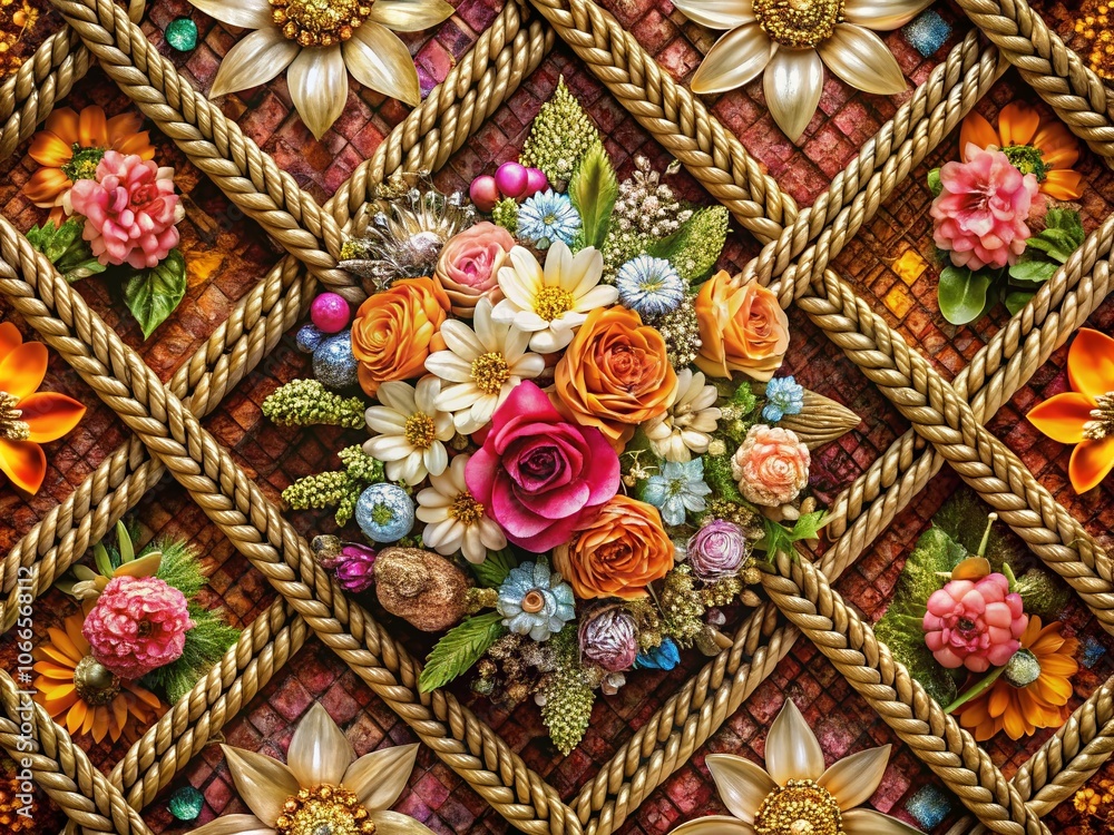Fototapeta premium Abstract Floral Brown Rope Lattice with Sparkling Diamonds in Vintage Geometric Patterns for Aerial Photography