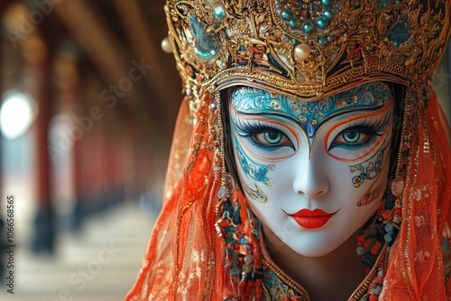 Chinese opera singer wearing elaborate headdress and makeup photo